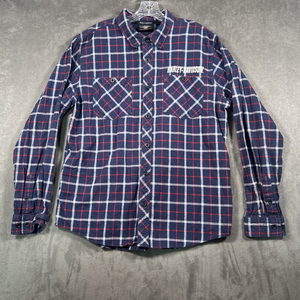 Harley Davidson Shirt Mens XL Blue Plaid Button Down Biker Flannel Long Sleeve